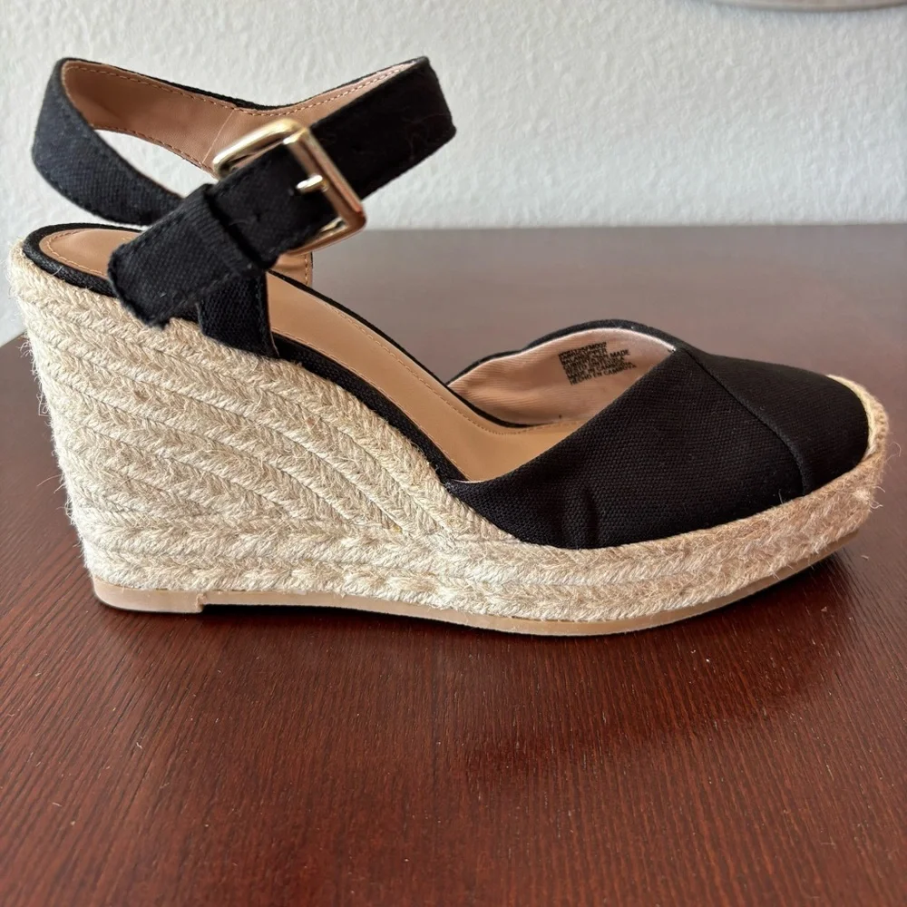 Time And Tru Women's Square Toe Black Espadrille Wedge Heels Size 8